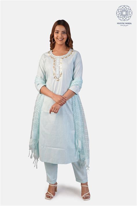 Shop Women's Cotton Blend Kurta Pant Dupatta Sets with Lurex Detailing