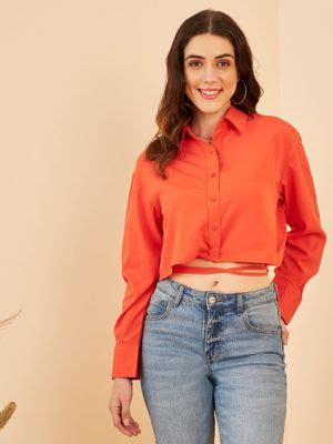 Buy RARE Women Casual Orange Colour Collar Solid Shirt Style Crop Top ...