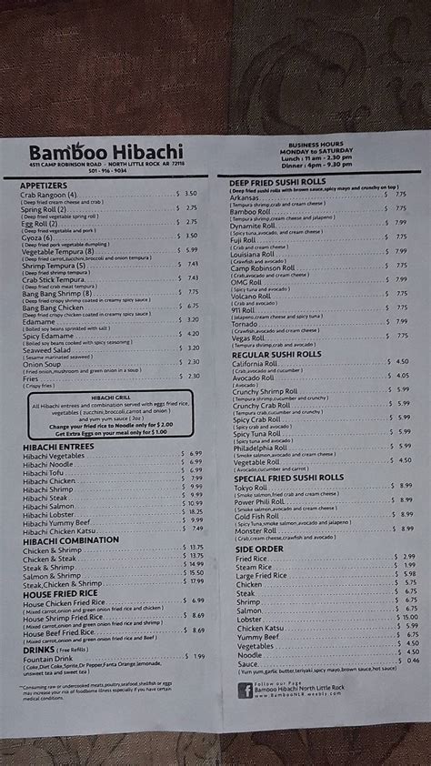 Menu at Bamboo Hibachi NLR restaurant, North Little Rock