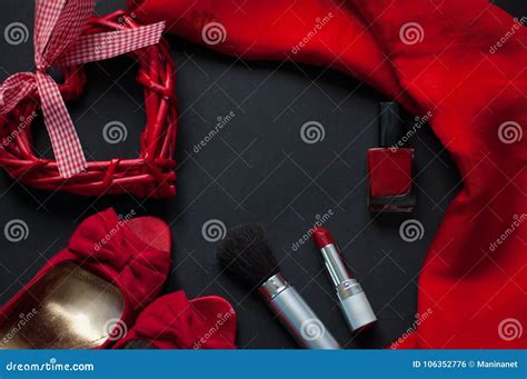 Red Shoes, Pearl Necklace, Silk Handkerchief on a Black Background ...
