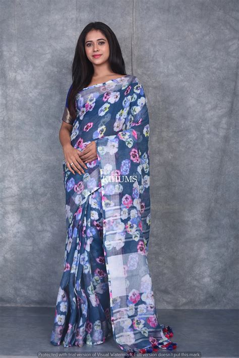 Blue shade Floral Printed linen saree I Silver Zari BorderI Handwoven ...