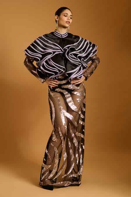 Buy Black Net Sequins Mandarin Collar Zebra Embroidered Sheer Gown For ...