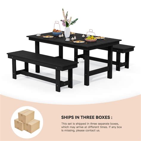 JEAREY 3-Piece Set Table with Umbrella Hole and Two 2-Person Benches 3 ...