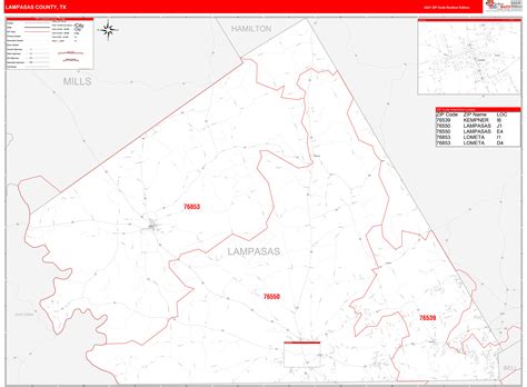 Lampasas County, TX Zip Code Wall Map Red Line Style by MarketMAPS ...