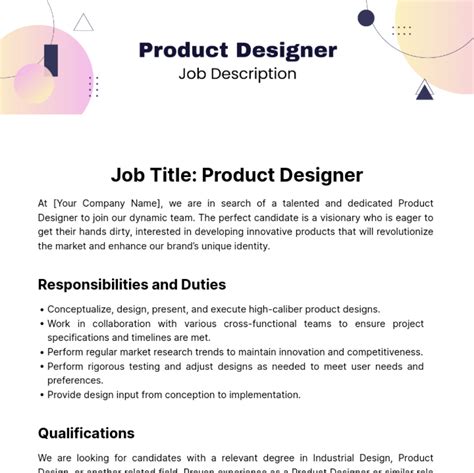 Free Product Designer Job Description Template to Edit Online