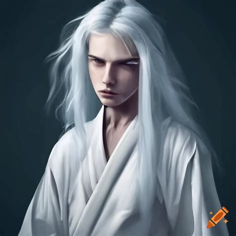 Image of androgynous person in white kimono with long white hair on Craiyon