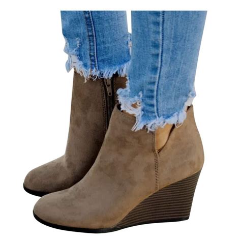 SACFOF Women’s Wedge Ankle Booties Suede Round Toe V Cut Side Zipper ...