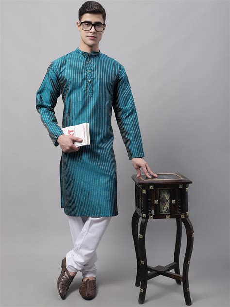 Men Peacock Blue Embroidered Design Kurta with Pyjamas – Jompers
