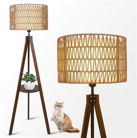 Boho Tripod Floor Lamp with Shelves, Mid Century Wood Standing Lamp ...