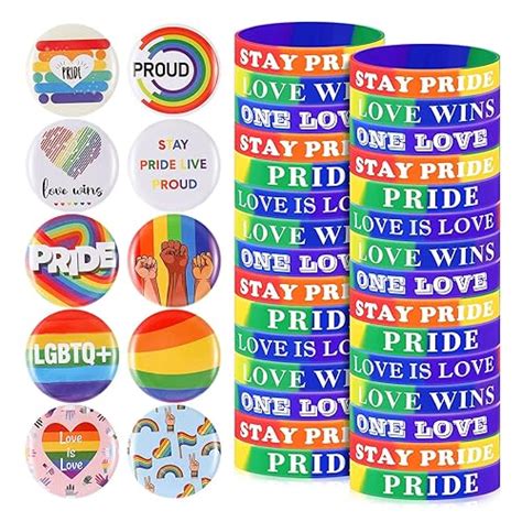 Meooeck 100 Pcs Lgbtq Rainbow Lapel Pins and Rainbow Pride Bracelets ...