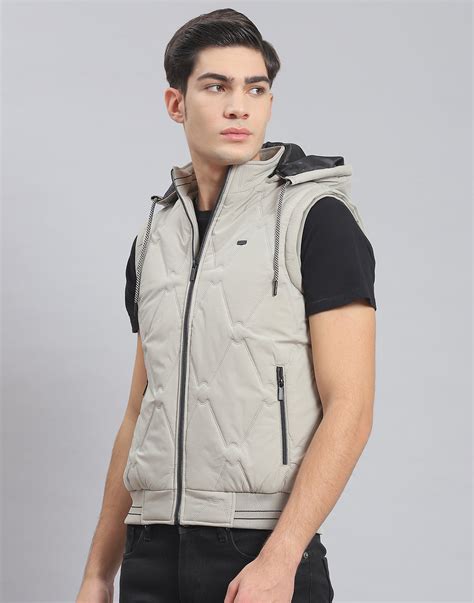 Buy Men Beige Solid Hooded Sleeveless Jacket Online in India - Monte Carlo