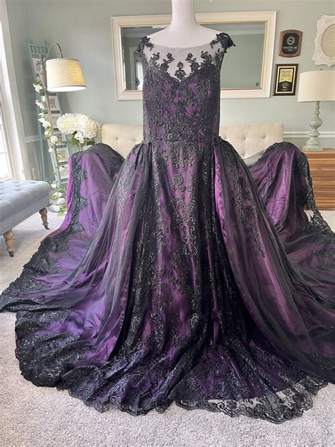 2-in-1 Black and Purple Wedding Dress with Removable Train