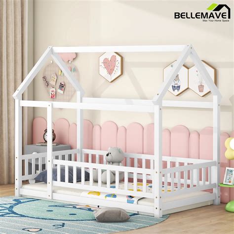 Bellemave Twin Floor Bed for Kids, Wood Twin Size House Bed Frame with ...