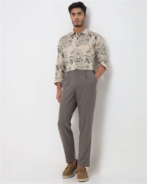 Buy Beige Relaxed Tapered Fit Single Pleated Pants Trouser Online at ...