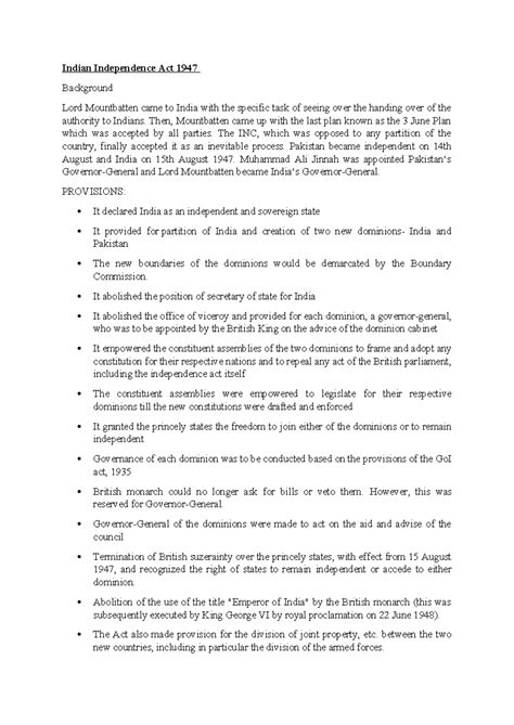 UNIT 5 Notes - Indian Independence Act 1947 Background Lord Mountbatten ...