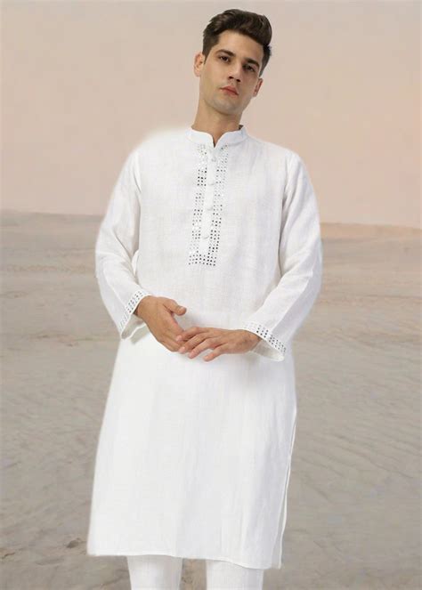 White Full Sleeve Pure Linen Long Kurta With Mirror Work – Linen Trail