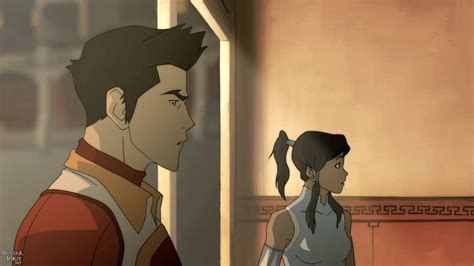 Avatar Korra and Mako looking at a door after seeing Hasook leave ...