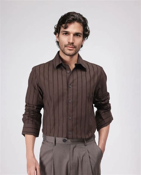 Rare Rabbit Men's Tener Dark Brown Cotton Striped Print Relaxed Fit Fu