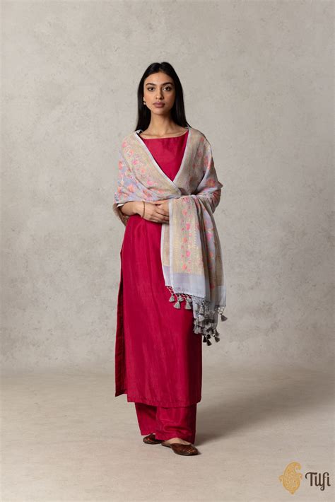 Pre-Order: Grey Pure Khaddi Georgette Banarasi Handloom Dupatta - Tilfi