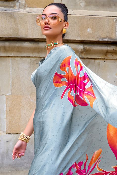 Buy Coin Grey Satin Crepe Saree 88108 Online | Karagiri