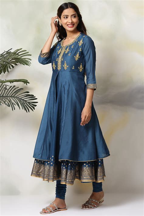 Blue Art Silk Anarkali Kurta Churidar Set at Biba India
