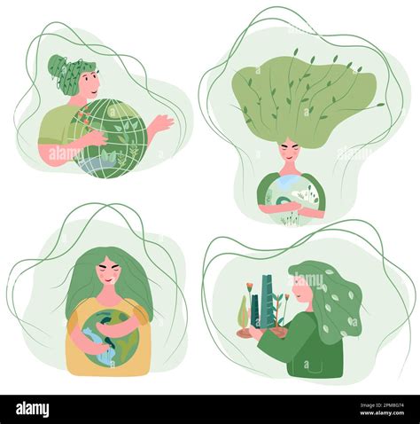 Lady cherishes verdant globe with affection. Vector art for Earth Day ...
