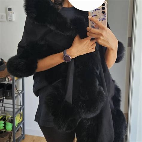 Real Mink Fur Shawl Black Cashmere Cape With Fox Fur Collar Trim All ...