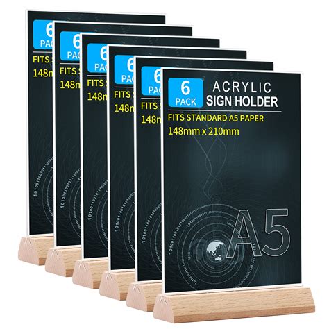 A5 [6 Pack] Acrylic Sign Holder T-Shape, Wood Base, A5 Table Stands ...