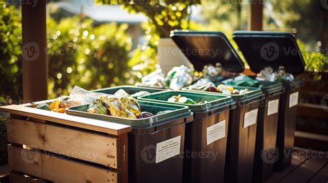 Closeup of a recycling and composting station, with separate bins for ...