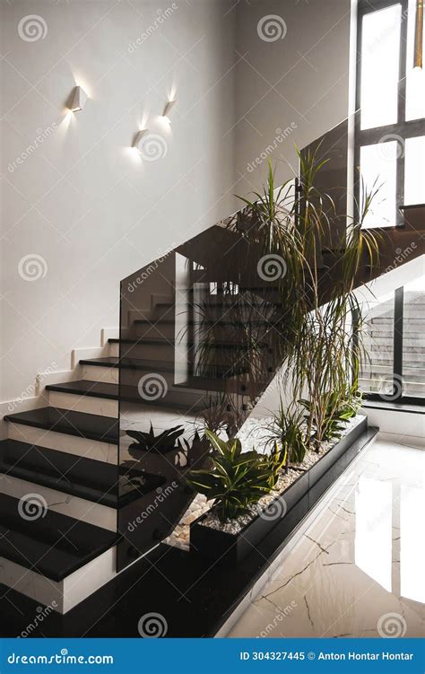 Railings Glass in Black Color Modern Staircase, Glass Ceiling and Wall ...