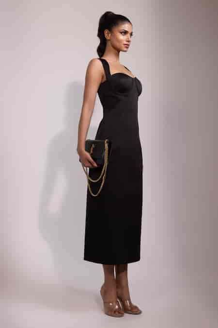 Buy Black Satin Sweetheart Neck Bodycon Midi Dress For Women by YOSEBA ...