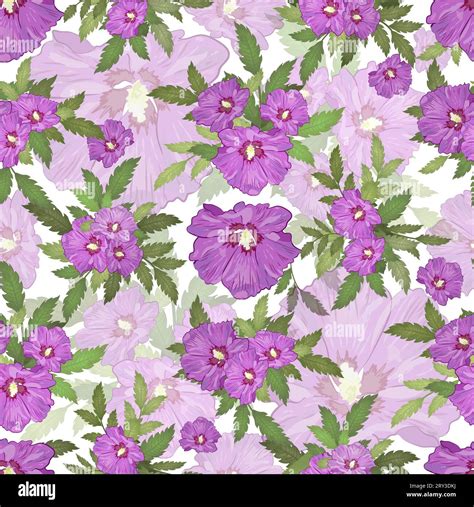 Purple hibiscus flowers with leaves seamless pattern Stock Vector Image ...