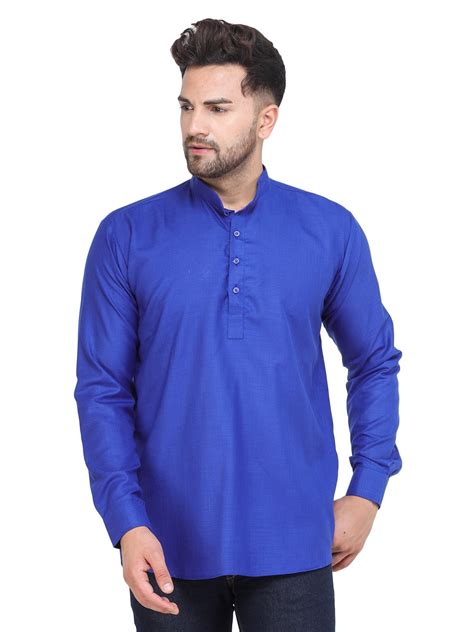 Mens Royal Blue Casual Cotton Blend Short Kurta For Men