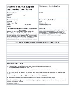 Motor Vehicle Repair Authorization Doc Template | pdfFiller