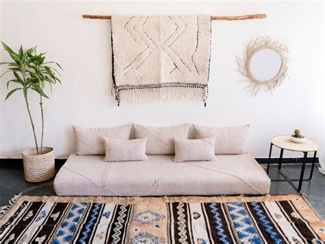 Handmade Moroccan Floor Sofa Set – White & Tan Stripes Cotton