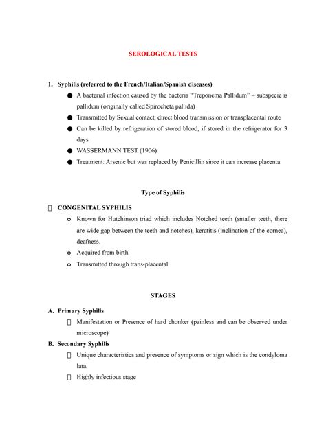 Serological Tests - SEROLOGICAL TESTS Syphilis (referred to the French ...