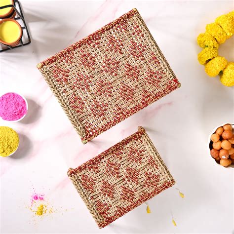 Handwoven Sabai Platters With Zari Set Of 2 Online - Premium Platter ...