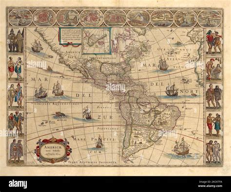 Vintage illustrated 1614 map of the Americas by Dutch cartographer Willem Janszoom Blaeu Stock ...