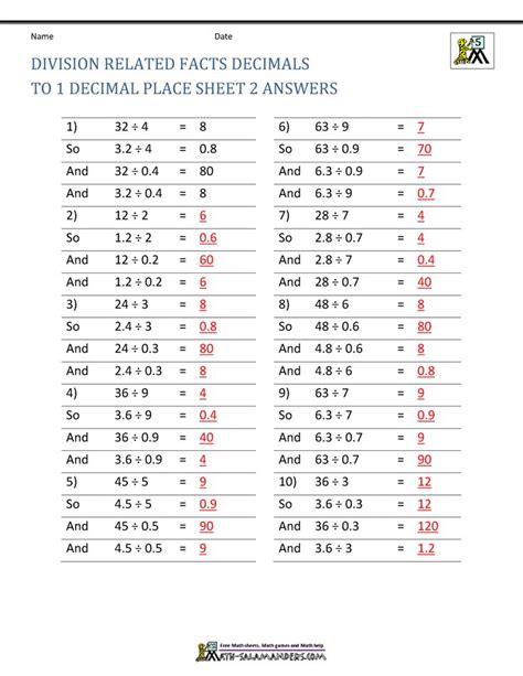 Division Related Facts Decimals to 1dp Sheet 2 Answers | Decimal ...