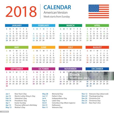 Calendar 2018 American Version With Holidays Stock Illustration ...