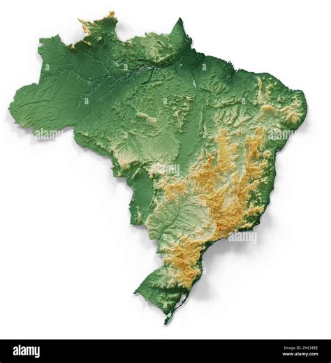 Brazil. Highly detailed 3D rendering of shaded relief map with rivers and lakes. Colored by ...