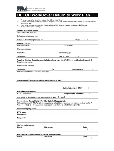 Fillable Online eduweb vic gov DEECD WorkCover Return to Work Plan ...