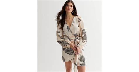 White Leopard Print Satin Puff Sleeve Mini Wrap Dress | New Look
