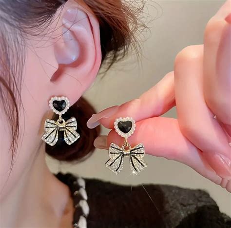 Black Heart Bow Drop Earrings - KE241 – Sai Harshith's Trendy Collections