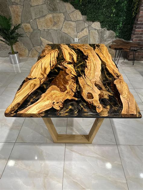 Olive Wood Live Edge Resin Table - Dining Custom Table - Kitchen Table ...