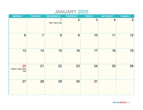 January Monday 2025 Calendar Printable | Calendar Quickly