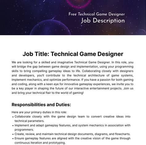 Free Technical Game Designer Job Description Template to Edit Online