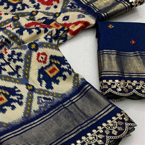 Off White & Blue Ikkat Printed Dola Silk Saree With Sequins Embroidery