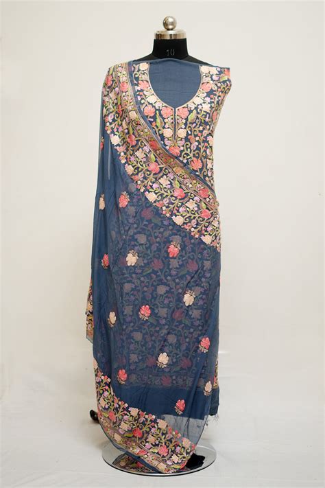 Grey colour aari work salwar kameez with heavy jaal pattern