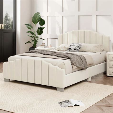 Velvet Upholstered Platform Bed Vertical Channel Tufted Headboard And